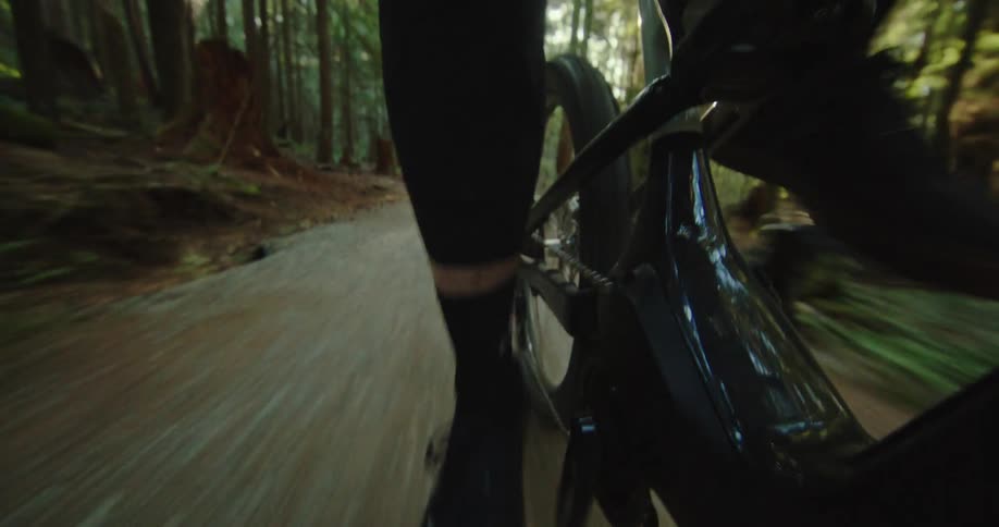 Feet of a person pedaling a mountain bike along a forest trail