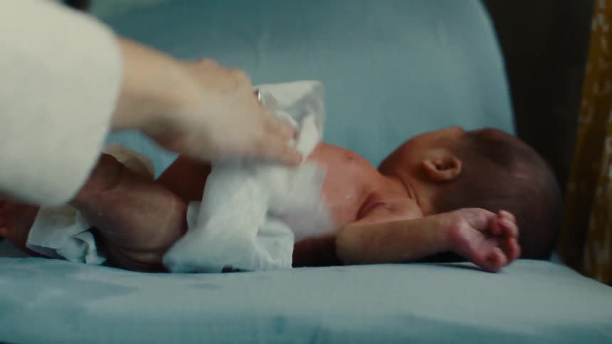 Womans hand with a wet wipe cleaning the body of a newborn baby