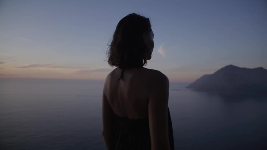 A woman is standing with her back turned and looking at the ocean where there is a large island and it is morning