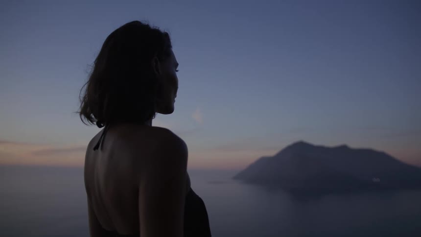 View of a woman from behind observing a seaside landscape with the dawn sky