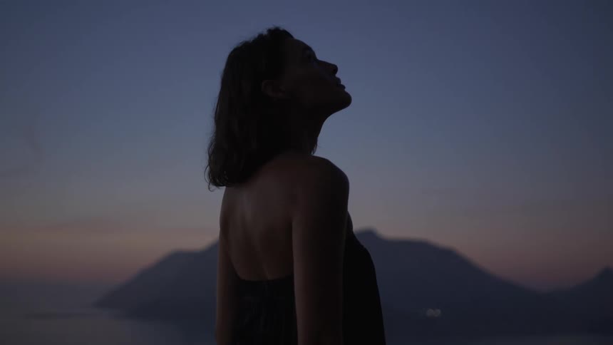 A woman in a dress is standing with her back turned and looking up at dusk
