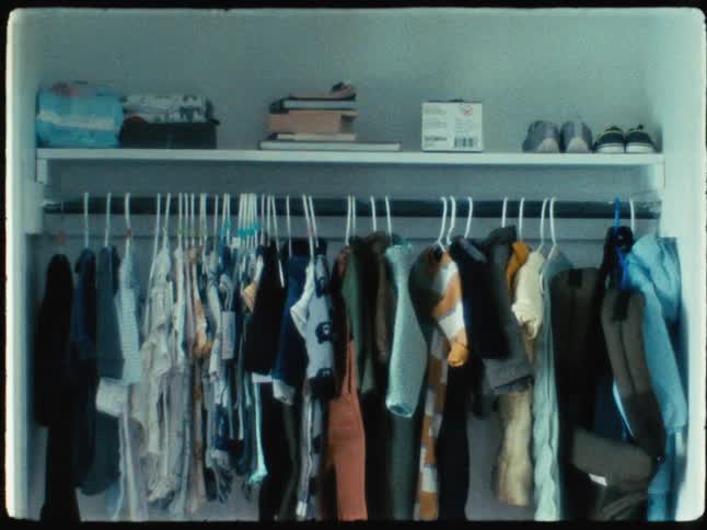 Several clothes hanging on hangers in a closet