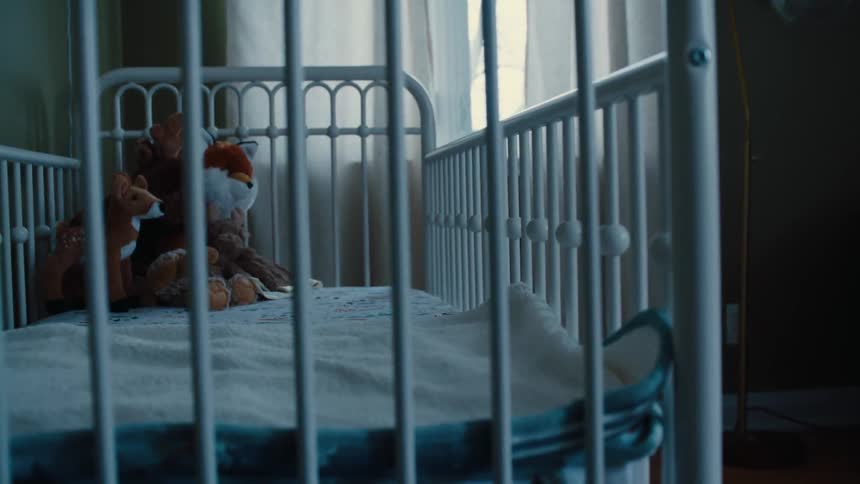 A white crib featuring a collection of stuffed animals