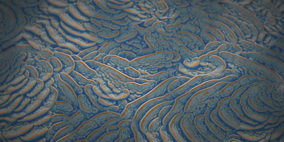 Intense and abstract liquid texture in motion in shades of blue white and orange