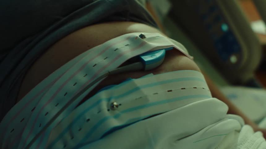 A human abdomen with three medical devices attached