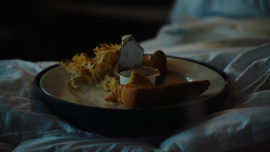 Plate with a sauce and bread on top of a bed