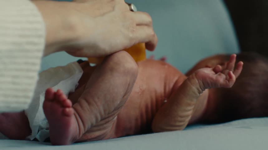 Close up of a mother cleaning a newborn with a sponge