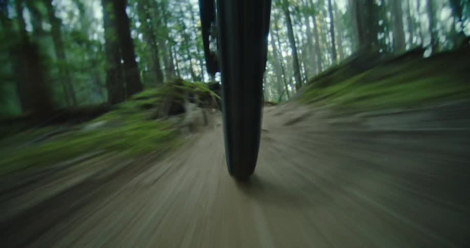 The front tire of a bike as it speeds down a mountain trail