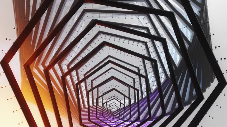 A digital art piece featuring abstract geometric shapes in shades of white and orange