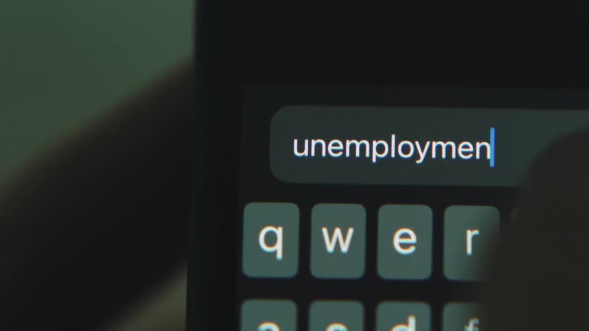 The word unemployment is typed into the search field on a smartphone