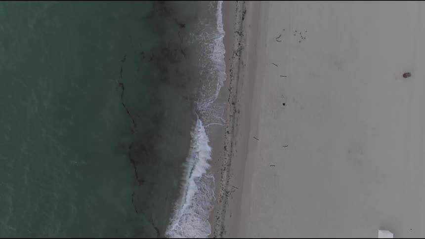 An aerial view of a beach with waves rolling onto the shore