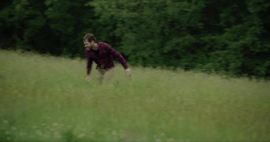 A man and his dog run and play in a grassy field on a summer day