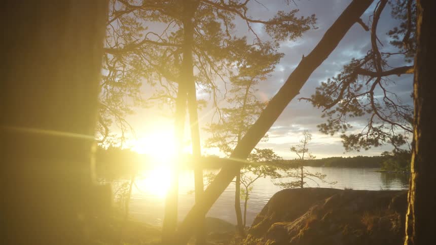 A serene lakeside view at sunset with the sun low on the horizon casting a warm glow over the water
