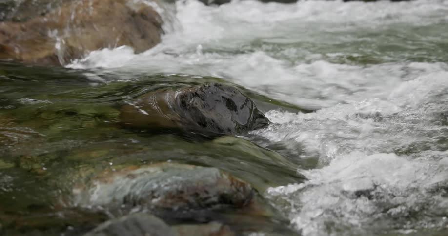 River water flowing over boulders foams as it flows over a small drop