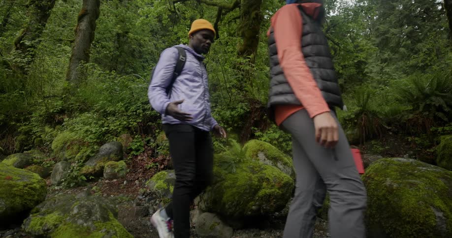 Two hikers trek through a lush green forest with rocks covered in moss