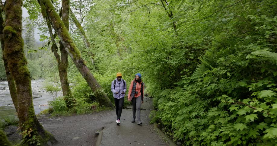 Two people hiking on a trail through the forest alongside a riverbed
