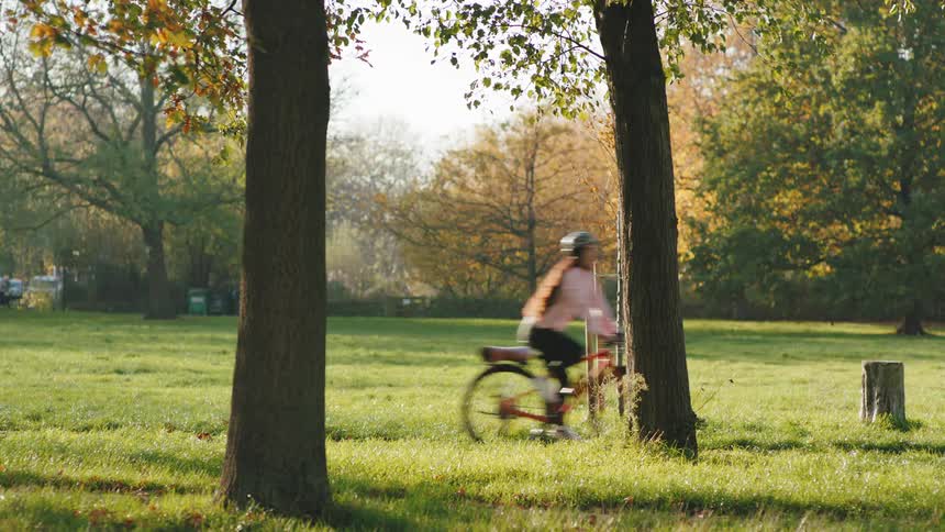 A person rides a bicycle in a park with green grass and trees