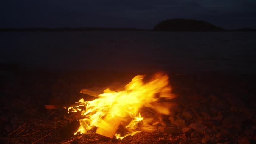 A hand throws wood on a fire by a lake at night