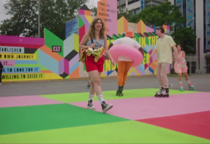 A colorful outdoor park with people on roller skates a whimsical atmosphere of fun and carefree lifestyle