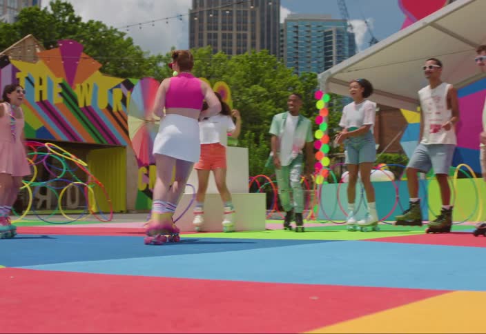 A colorful outdoor skating rink with people on roller skates a whimsical atmosphere of fun and carefree lifestyle