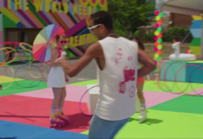 A colorful outdoor skating rink with people on roller skates a whimsical atmosphere of fun and carefree lifestyle