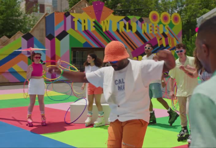 A circle of people around a man in the center spinning while using a roller on a colored floor