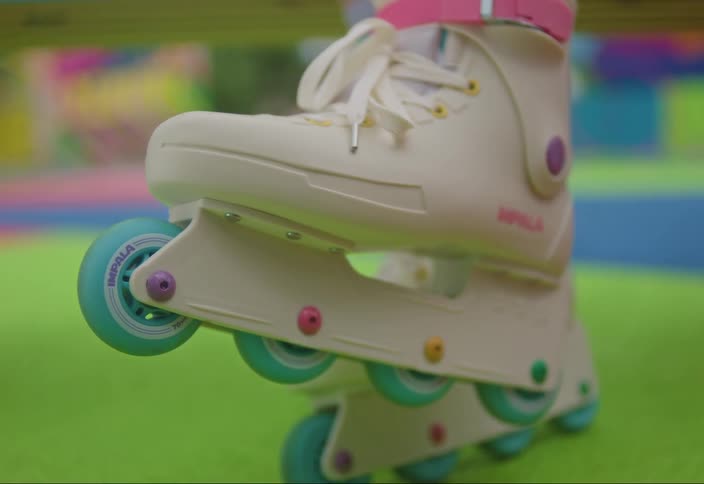 A close up of a roller skate as the wheels stop turning
