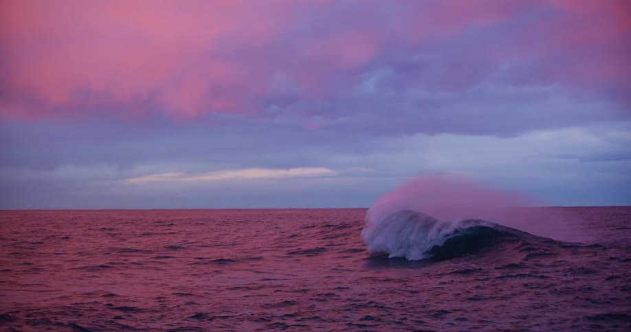 A twilight sky over a vast ocean with pink and purple hues a single wave rises from the water
