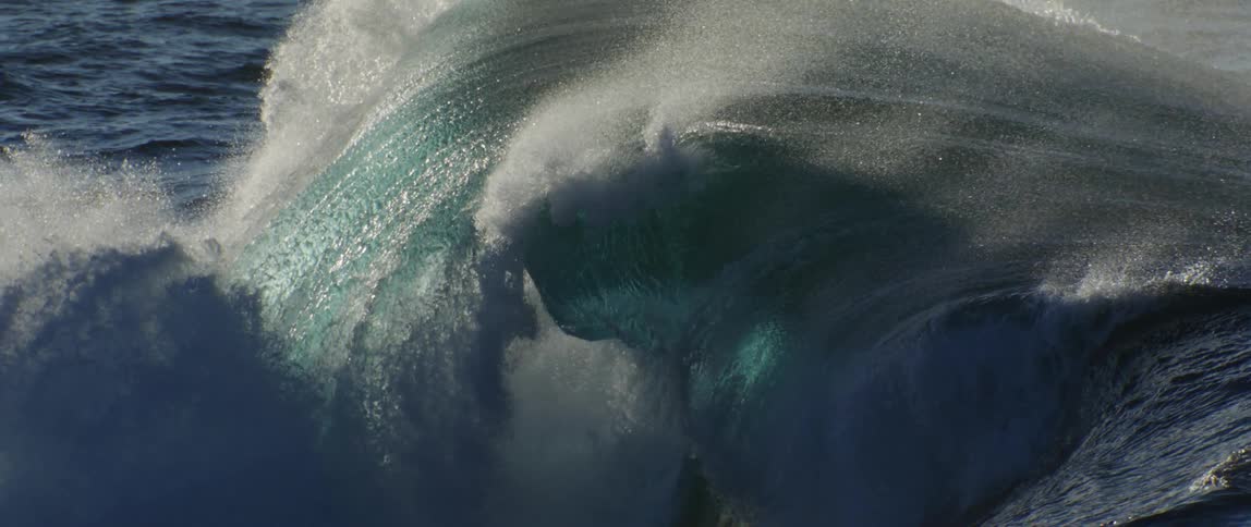 Large wave in the ocean in dynamic motion as it curves and breaks