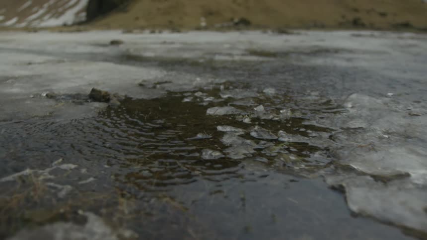 Closeup of flowing water in a partially frozen stream at the foot of a snow dappled slope