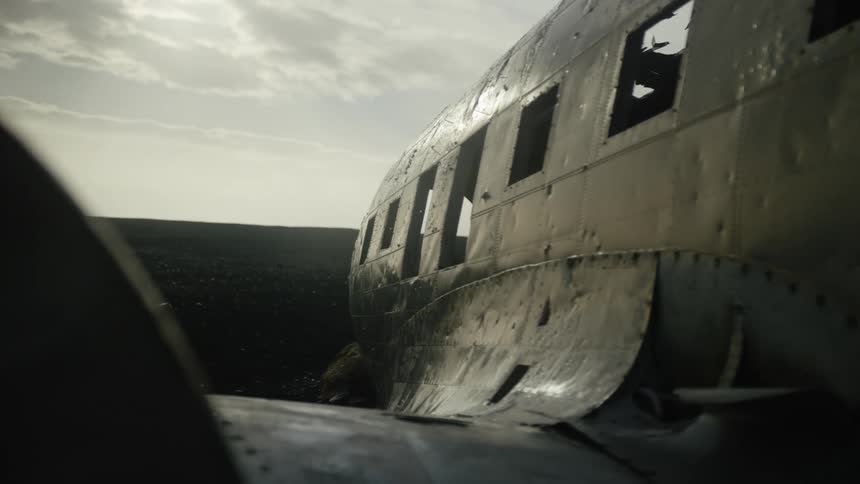 Metal shell of a destroyed and rusted airplane