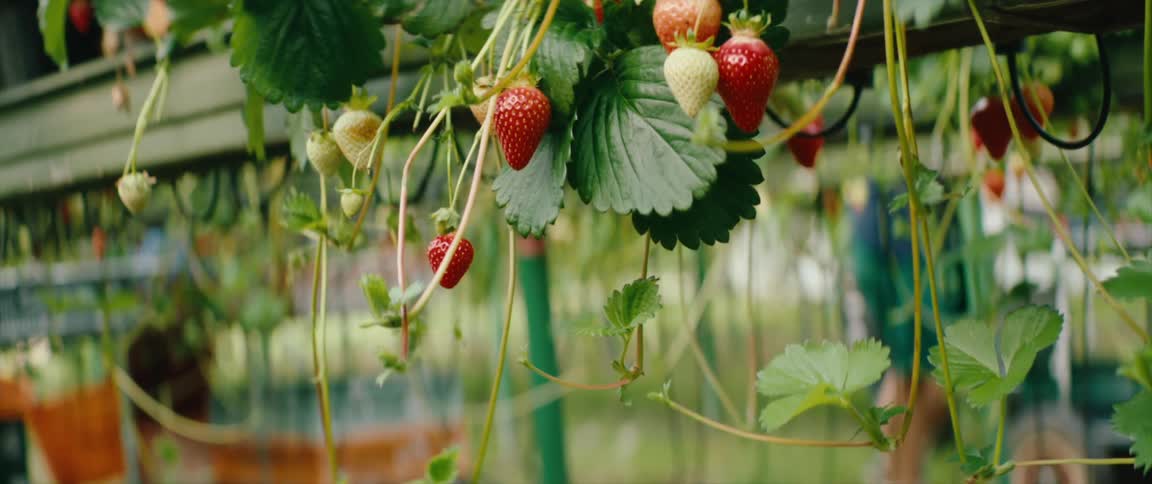 Two people push carts and fill them by picking strawberries