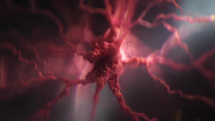 Synapses firing from a neuron central node of abstract red axon branches
