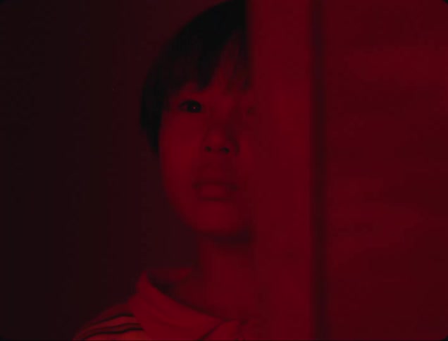 Portrait of a boy looking at a dark place with a red light that disappears in moments and the day brightens