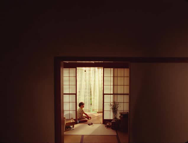 An interior view of a room with traditional japanese sliding doors open to a garden a child is seated on the wooden floor
