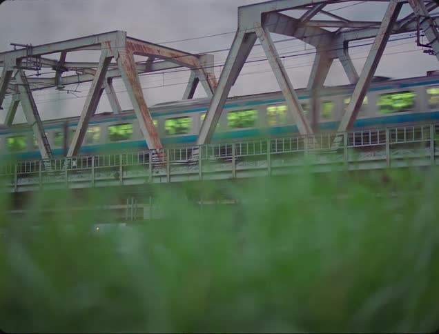 Train passing on a metal bridge