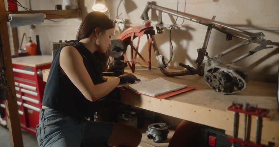 A mechanic studies a users manual while leaning over a workbench in the workshop