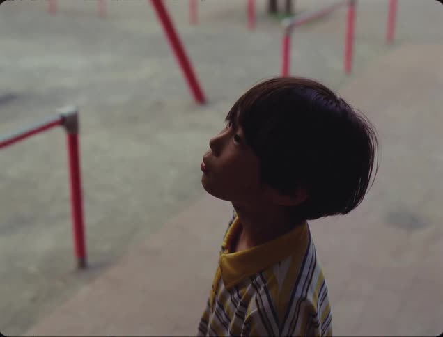 Small boy in an outdoor space with neutral expression looking up