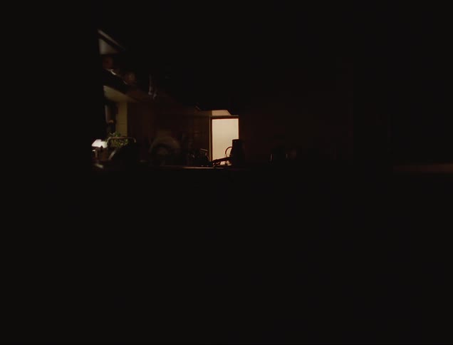A dimly lit kitchen with tiled walls featuring a stove and a kettle on the countertop