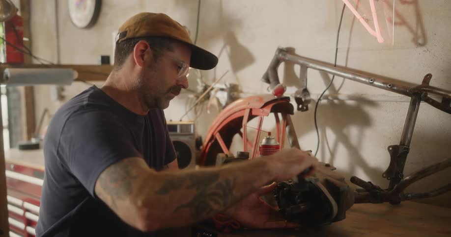A man in his garage working on a small engine scrubbing and cleaning