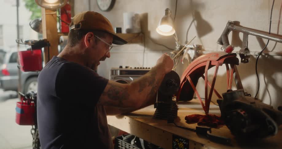 A mechanic in a workshop working on a motorcycle engine placed on a workbench