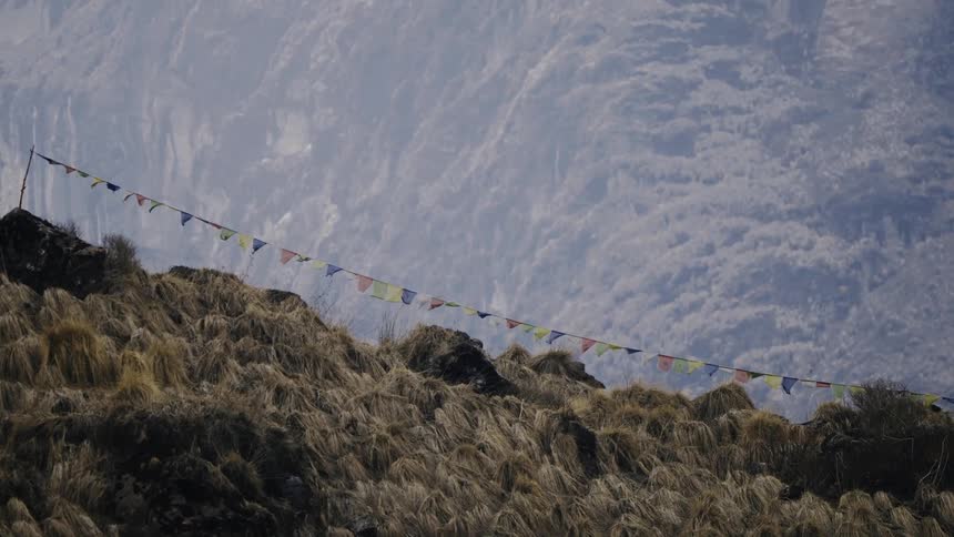 A line of colorful base camp flags blowing in the wind above a green mountain ridge
