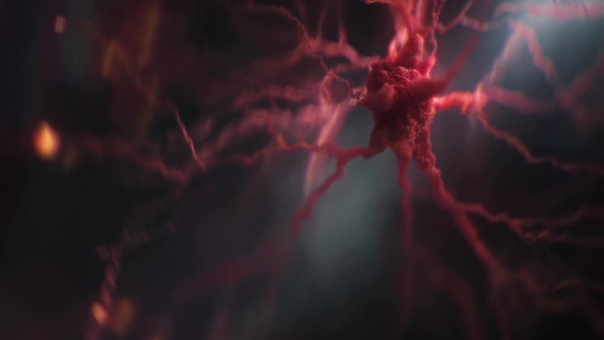 Synapses firing from a neuron central node of abstract red axon branches