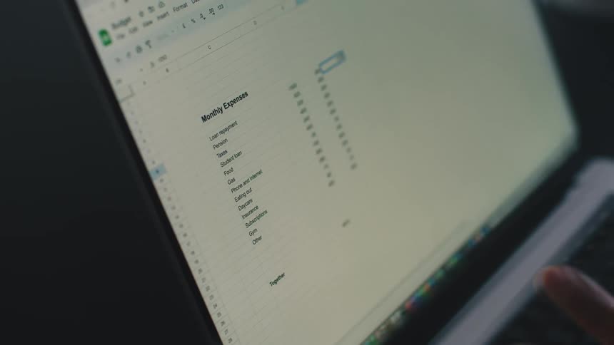 A person tracks their monthly expenses on a spreadsheet