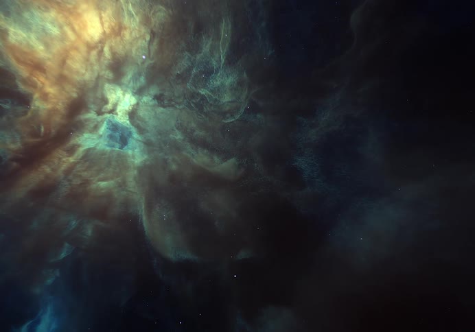 Moving through outer space and a glowing nebula