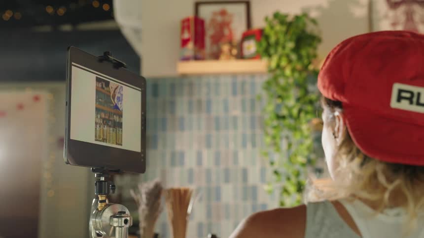 Woman wearing a red cap looking at a recording screen in an indoor space