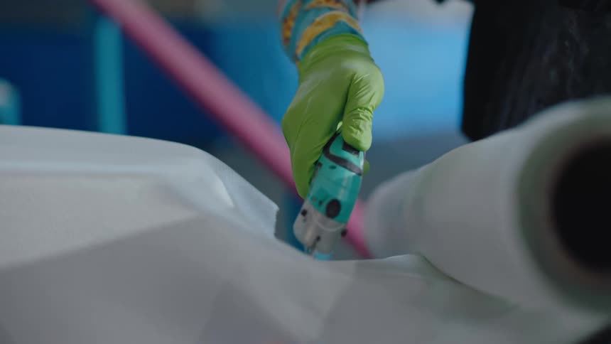 A man wearing green gloves uses a cutting tool to cut fabric