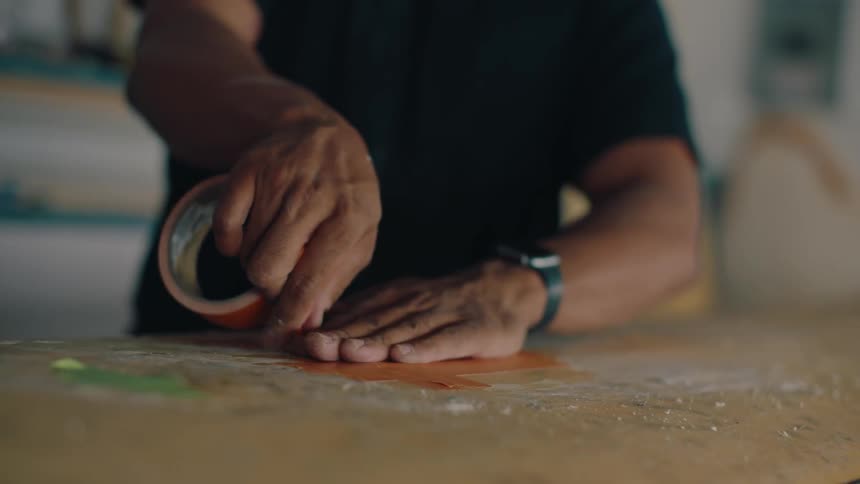 A man in a cap is applying orange tape to a surfboard