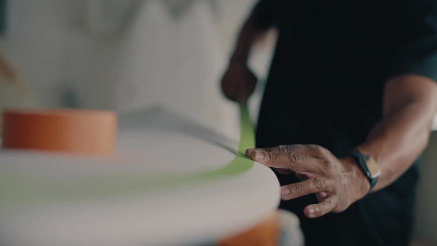 A closeup view of hands meticulously applying green tape along the curved edge of a surfboard
