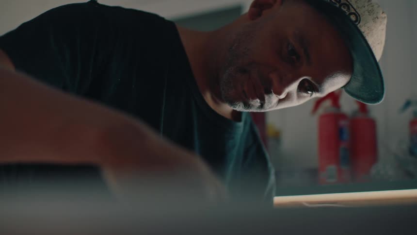 Concentrated man trimming a surfboard indoors